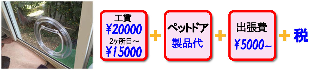 基本工賃２００００円　＋　ペットドア商品代　＋　基本出張費４０００円　＋　消費税